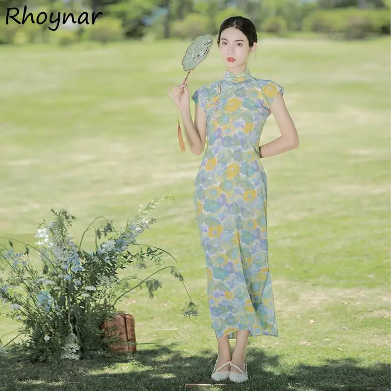 

Vintage Dresses Women Slim Chinese Style Ankle-length Vestdios Printing Summer Streetwear Elegant Lady Feminine Mujer Leisure