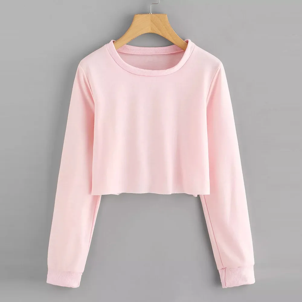Pink Женские укороченные толстовки в стиле Харадзюку, сексуальная свободная Короткая Толстовка с длинным рукавом, топы, повседневный однотонный пуловер, женская уличная одежда - Цвет: Pink