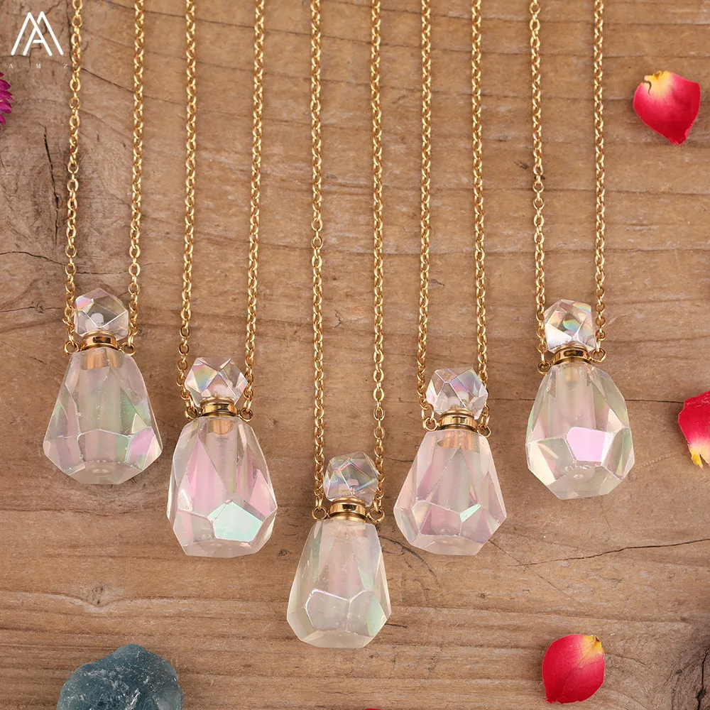 

Faceted Natural Aura White Quartz Stone Drop Perfume Bottle Pendant Necklace Women Crystal Stone Essential Oil Bottle Necklace