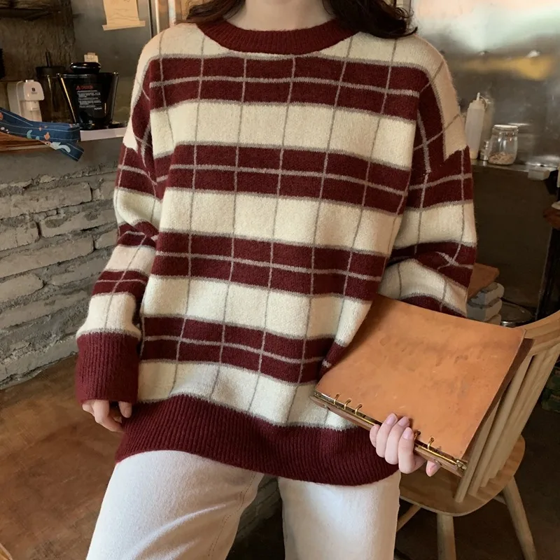 

Plaid Sweater Women Korean Loose O Neck Female Red Pullovers Fashion Solid Ladies Tops Warm Knitted Sweater 2020 New