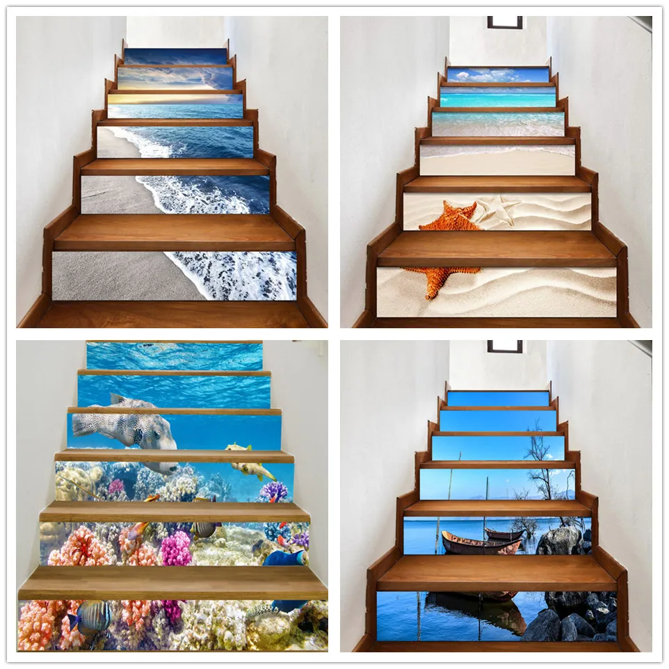 

6/13pcs 3D Ocean Beach Self-adhesive Stair Lift Sticker PVC Starfish Stairs Sticker Staircase Decoration Decal Scenery Wallpaper