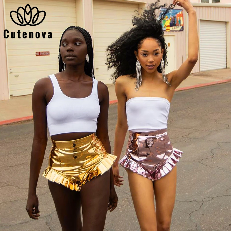 

CUTENOVA Y2K High Street Traf Women's Shorts Pants Lotus Leaf Lace 2021Summer Fashion Bottoms Slim Club Party Pants Femme Mujer