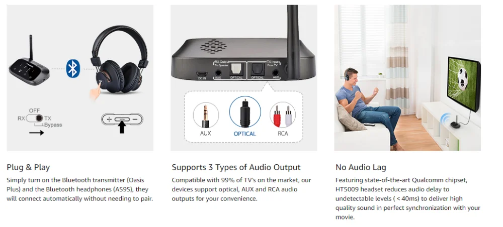Avantree беспроводные наушники дальнего действия для просмотра ТВ с bluetooth-передатчиком, поддержка оптических, RCA, 3,5 мм AUX, Plug& Play