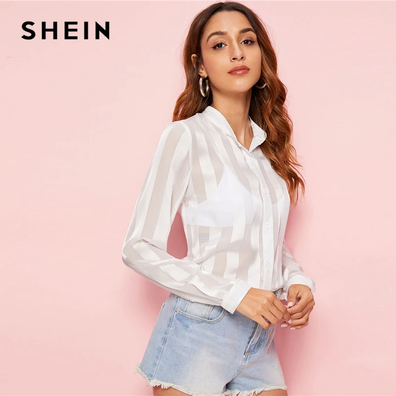 SHEIN белая пуговица спереди полосатая сплошная рубашка блузка женская весна осень длинный рукав отложной воротник повседневные топы и блузки