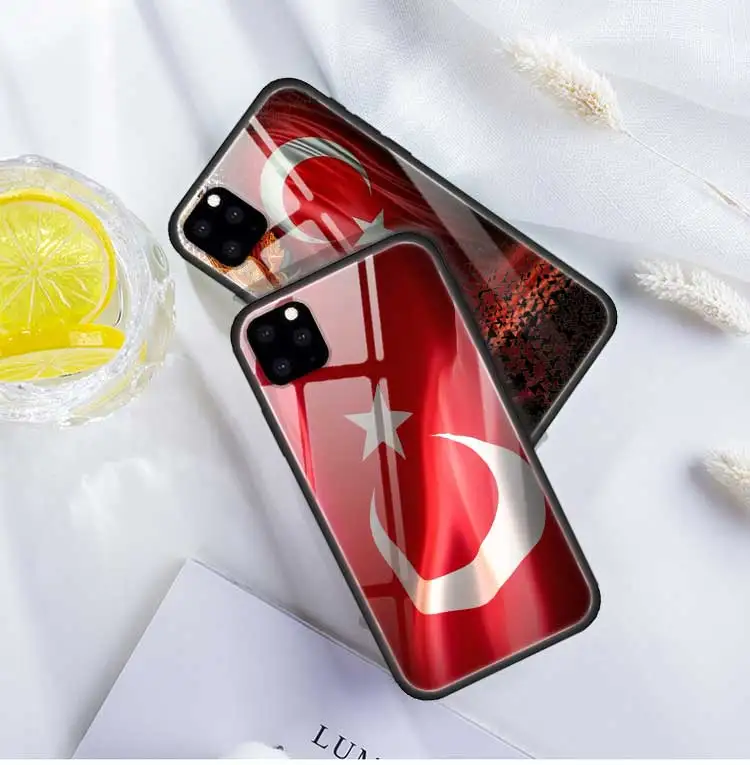 Турция турецкий чехол с флагом для Apple iphone 11 Pro XR XS Max X 7 8 6 6S Plus закаленное стекло+ черный силиконовый чехол для телефона Coque Sac