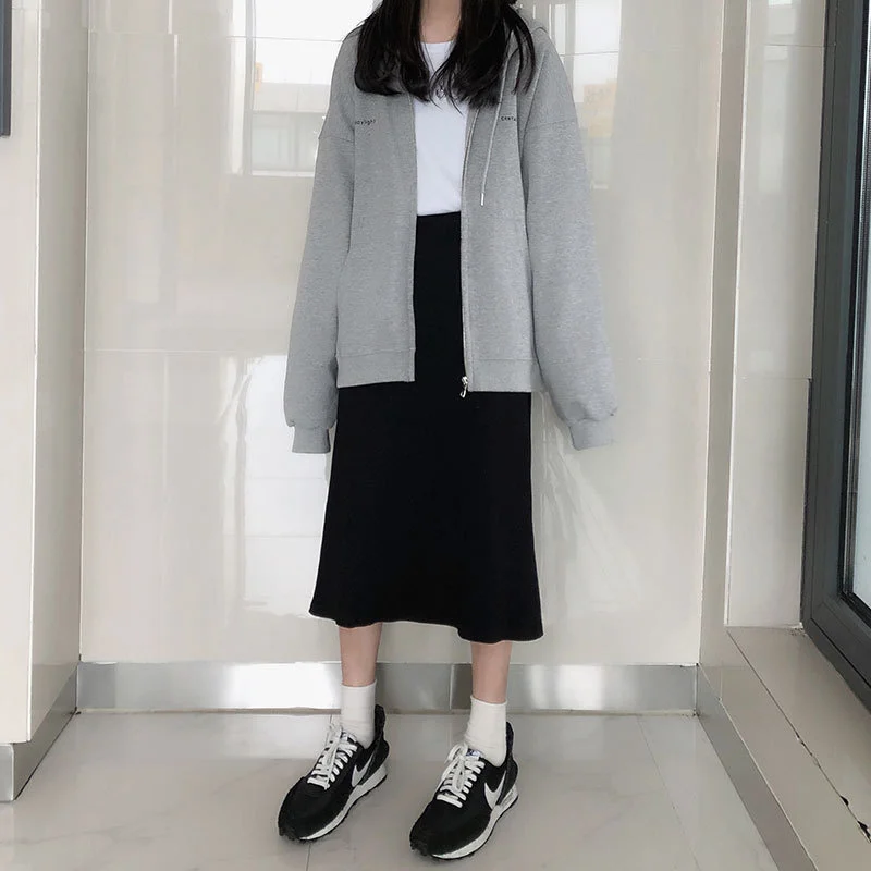 Серый свитшот с капюшоном кардиган на молнии в Корейском стиле | Женская одежда