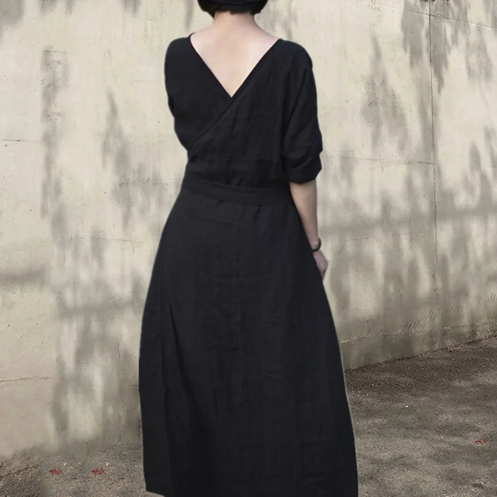 

Korean Style Chic Maxi Dress 2020 Autumn Summer Minimalist Solid Women Black Dresses Cotton Linen A-Line Vestido Casual Girl