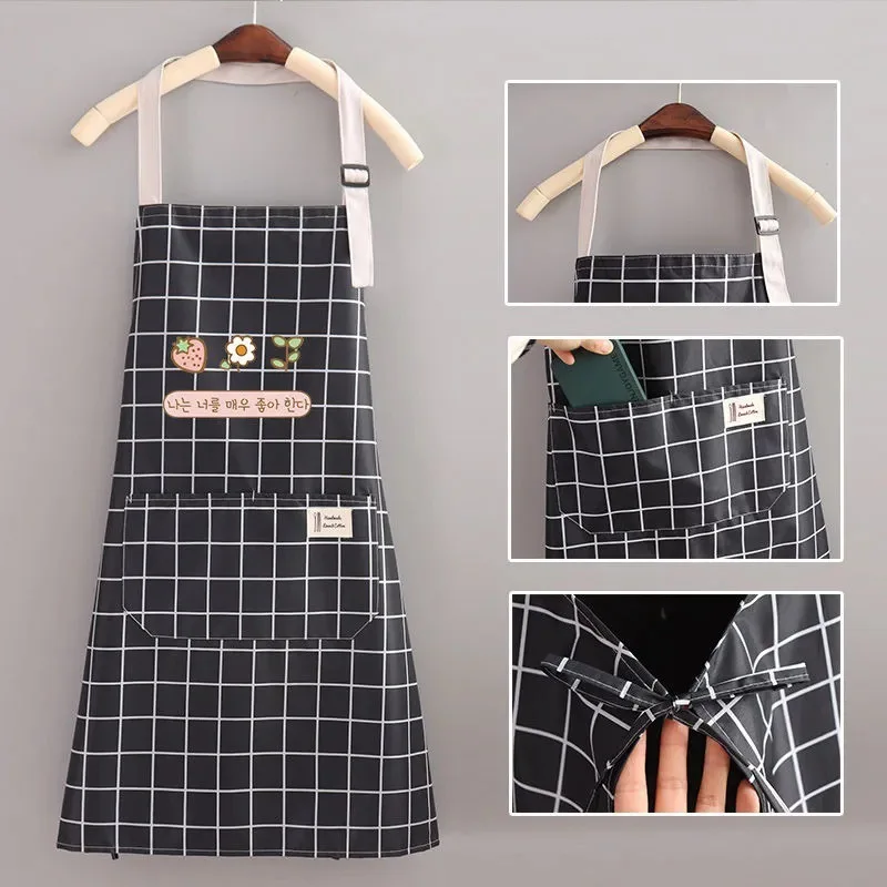 Hand apron kitchen waterproof waist adjustable with pocket grid coffee shop work apron. | Oversleeves