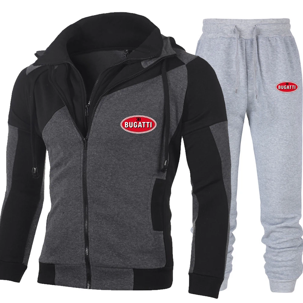 

2021 Spring And Autumn New BUGATTI Men's Sportswear Suit Personality Double Zipper Track Suit Stitching Hooded Two-piece Suit