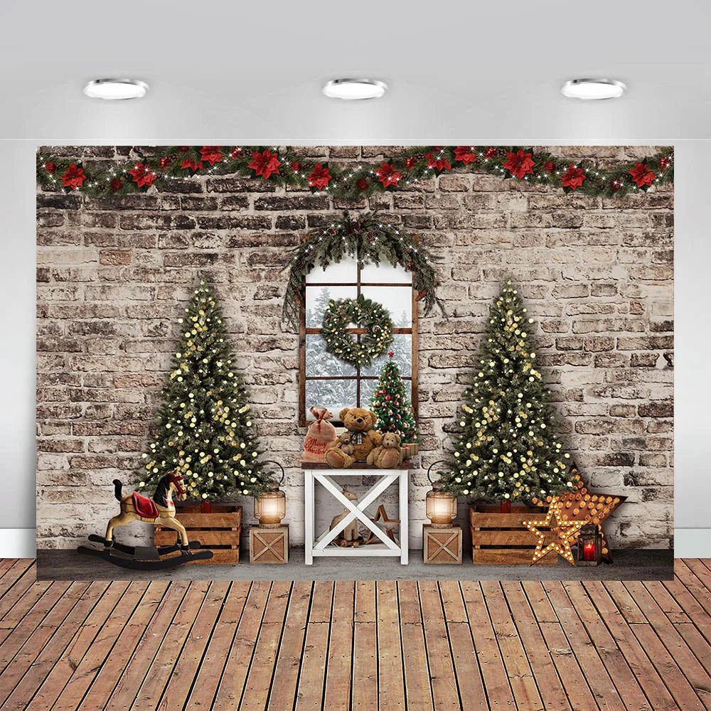 

Фон для фотосъемки с изображением рождественской кирпичной стены и рождественской елки игрушечные медведи, сказочный игрушечный венок с л...