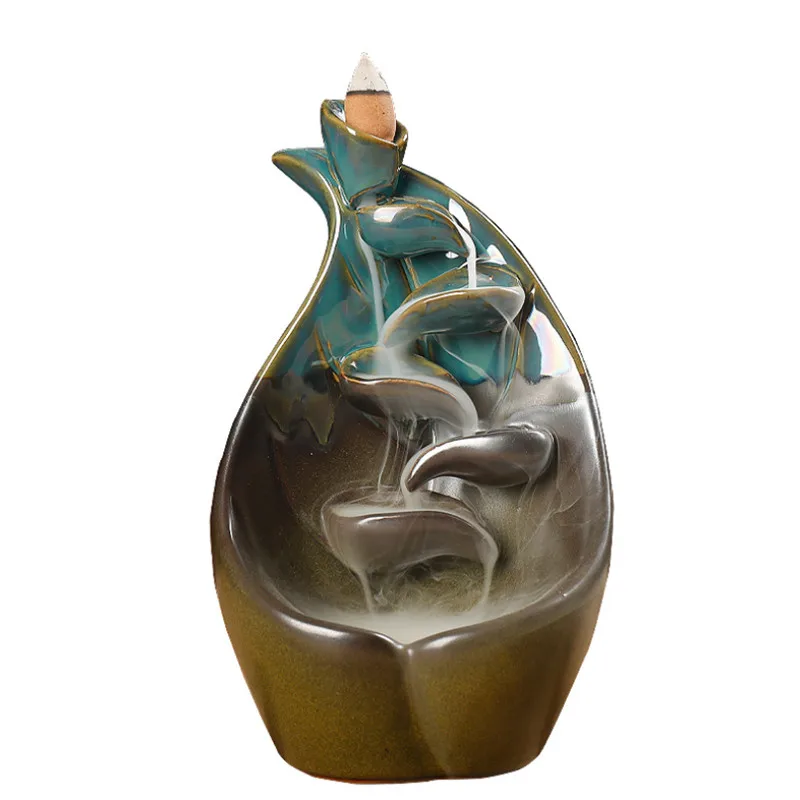 Керамический обратный поток благовоний горелка синий застекленный дым водопад