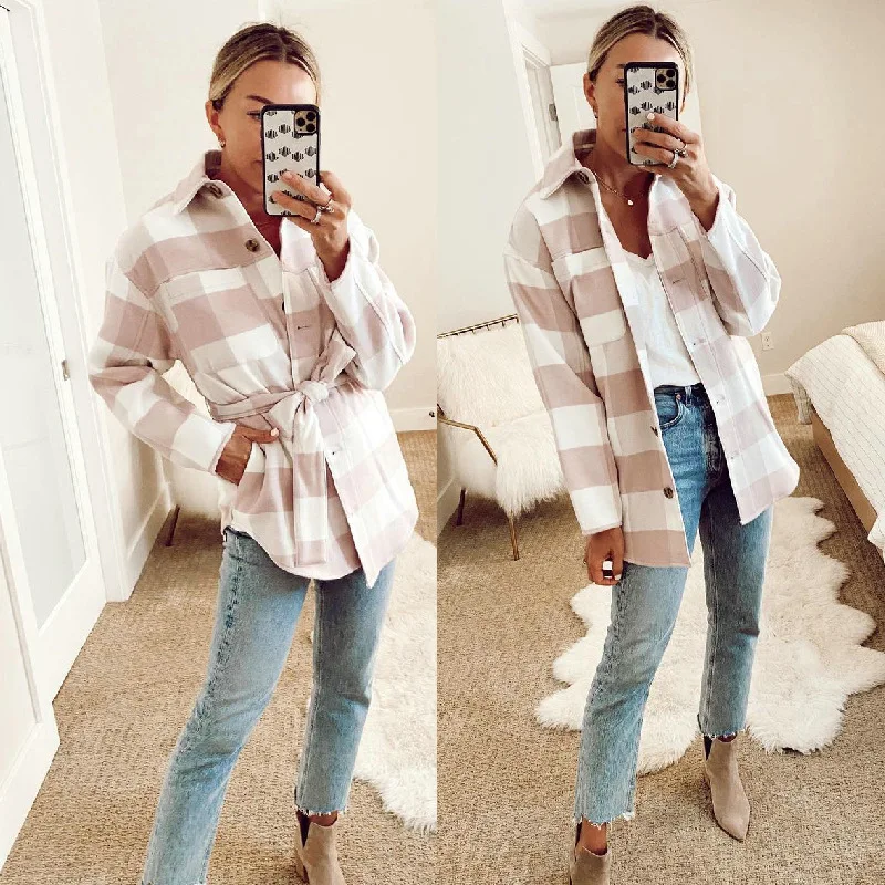 

Women Coat Commuter Autumn and Winter Tie Pockets Fresh and Sweet Pink and White Plaid Long-sleeved Lapel Loose Shirt Jacket