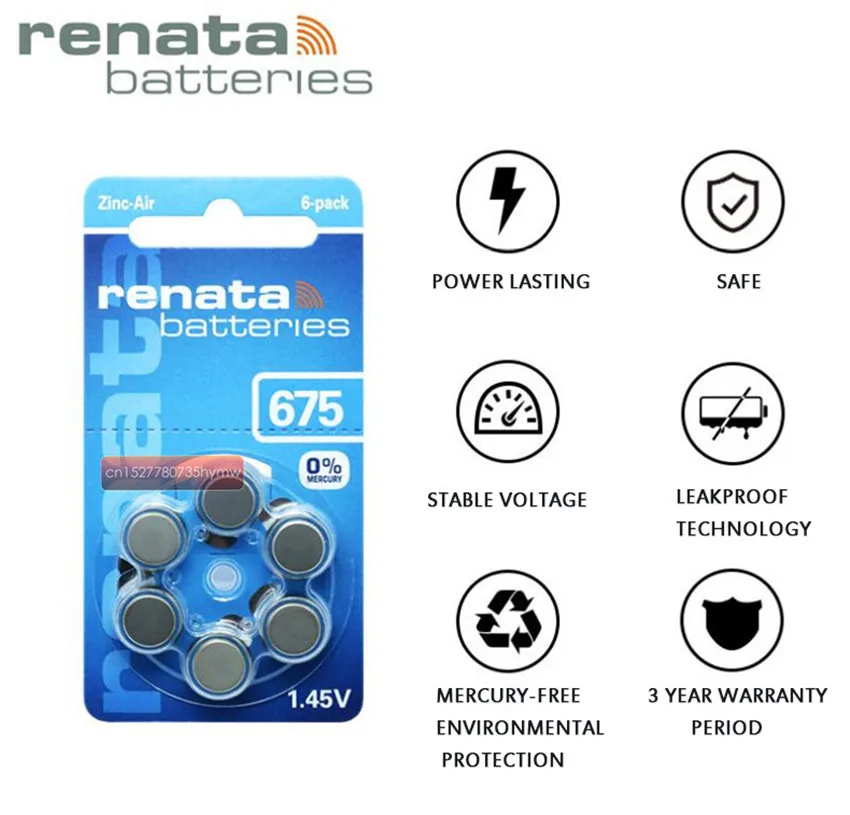 RENATA 60pcs/10pack Batteries XRenata ZA675 PR44 Zinc Air 1.45V Hearing Aid Battery | Электроника