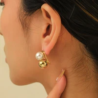 french vintage golden round ball earrings pearl ear studs for women jewelry new trend 925 silver needle earrings accessories