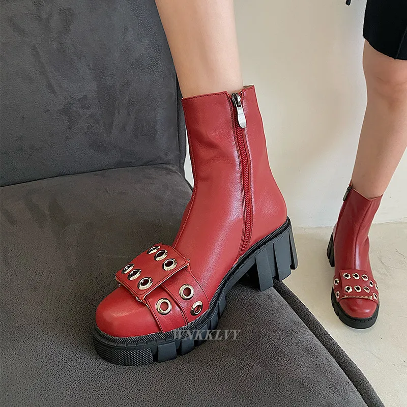 

Platform Martin boots women thick bottom round toe metal rivet zipper decor ankle botas handsome motorcycle boots for girls