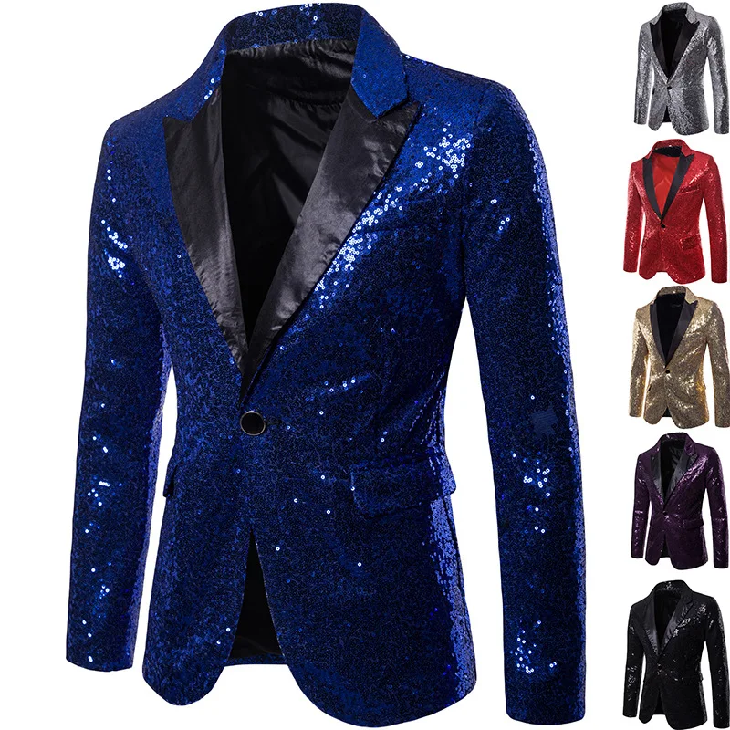 

Men Glitter Sequin Dress Blazer Disco Stage Nightclub Costume Party Suit Jacket Button Bling Formal chaqueta lentejuelas hombre