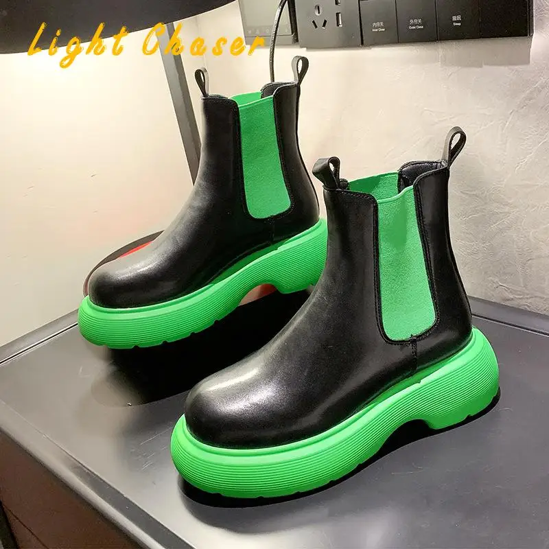 2021 New Chunky Boots Fashion Platform Women Ankle Female Sole Pouch Ankle Botas Mujer Round Toe Slip-on Botas Altas Mujer