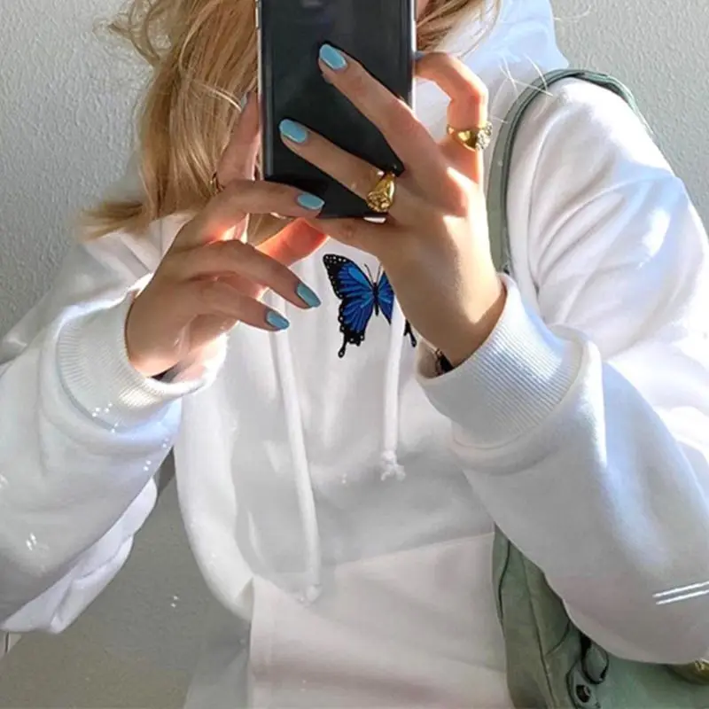 

Women Butterfly Embroidery Loose Sweatshirt Long Sleeve Drawstring Hoodies Harajuku Hip Hop Pullover Tops Streetwear with Pocket