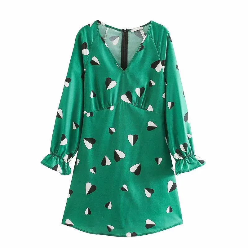 Женское элегантное зеленое мини-платье с принтом длинным рукавом и v-образным