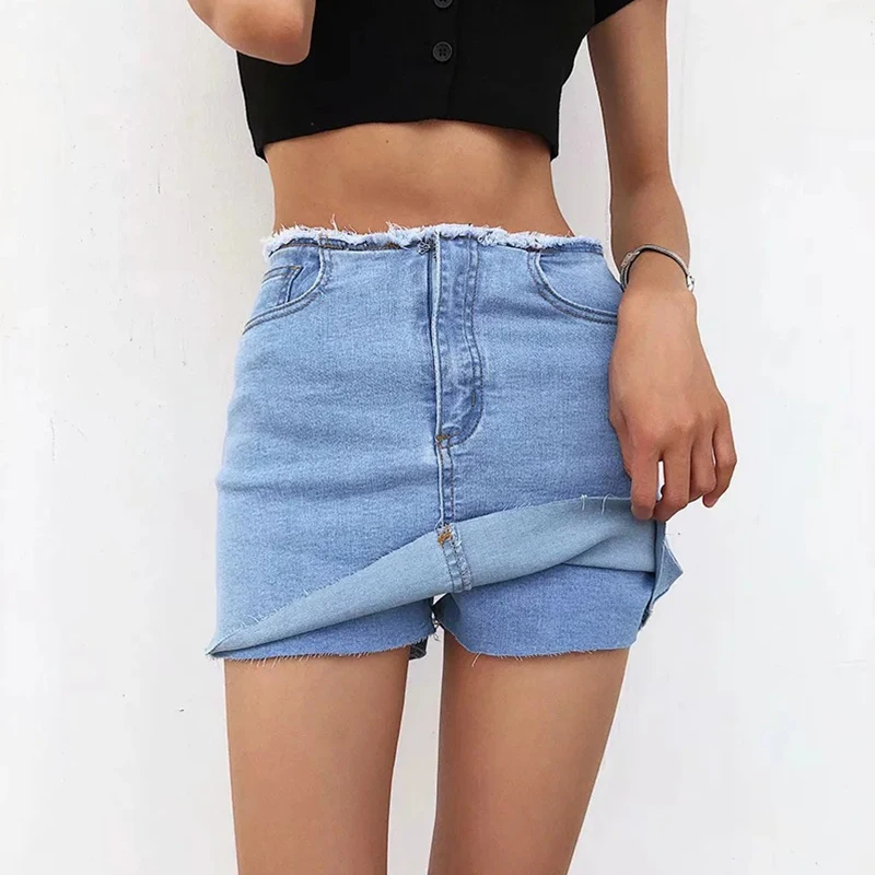 

Casual Denim Short 2021 Summer High Waist Zipper Loose Street Fashion Shorts Women Pocket Fake Two Piece A-line Jeans Shorts
