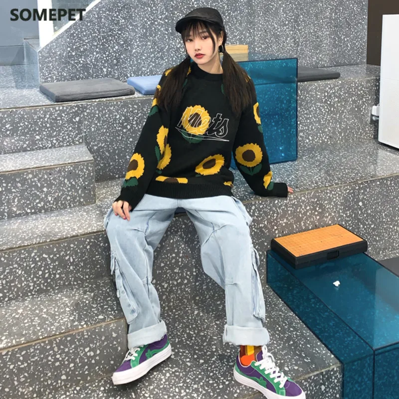 

Korean Oversized Sweaters Women Winter Long Sleeve Pullovers Floral Jacquard Ladies O-Neck Tops Woman Harajuku loose Clothes