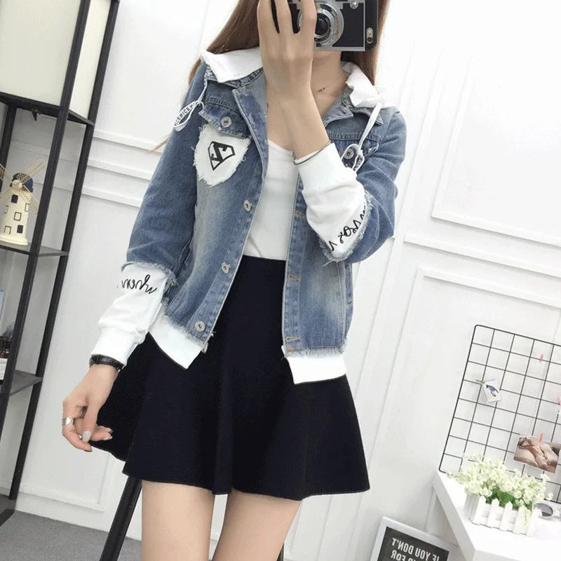 

autumn denim jacket Women long sleeve pockets letter coats slim jeans jacket women Korean loose casual spring short coat women