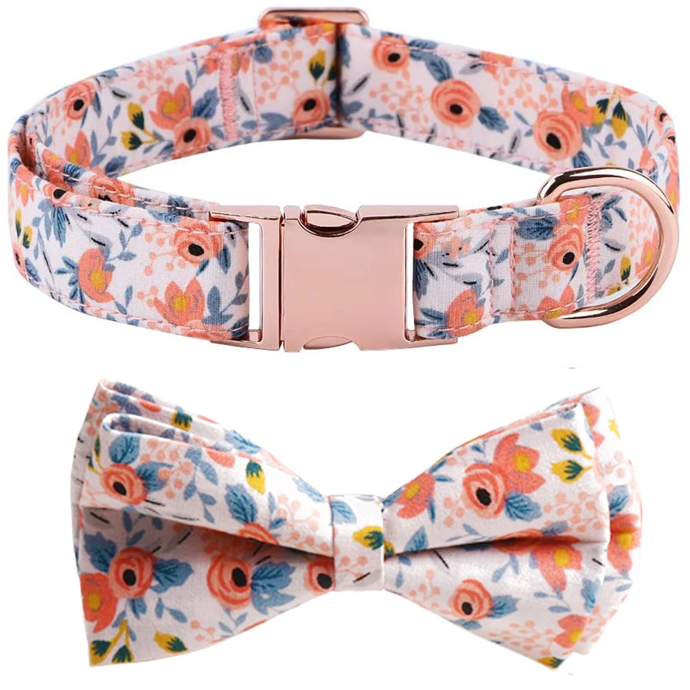 

MGKPET Bowtie Dog Collar Soft &Comfy Cute Pink Flower Patterns Pet Collar for Dogs Adjustable Dog Collars for Medium Large Dogs