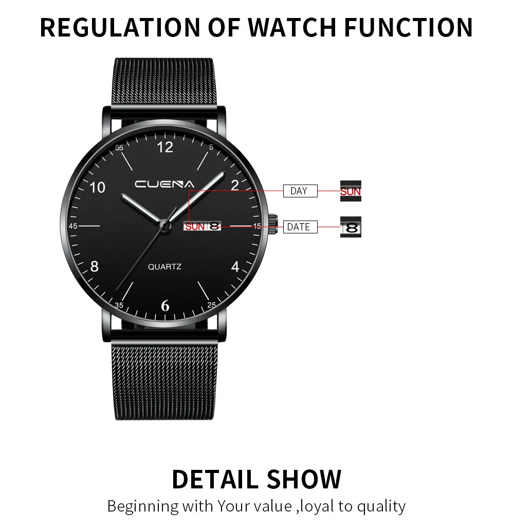 CUENA Fashion Simple Watch Men'S Stainless Steel Magnetic Net With Calendar Casual Quartz Wrist Clock | Наручные часы