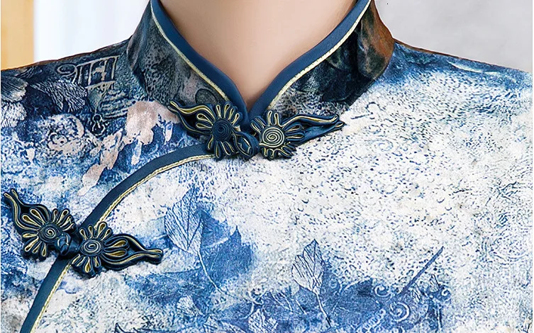 SHENG COCO L-4XL женские чонсамы банкетное платье гибкие бархатные цветы Qipao синий Шанхай женское элегантное китайское модное платье