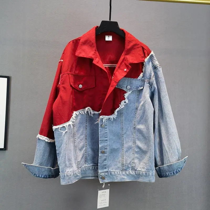 

Women Frayed Burrs Patchwork Hit Color Denim Jacket Loose Oversized Streetwear Long Sleeve Jean Jacket Casual Spring Autumn 2021