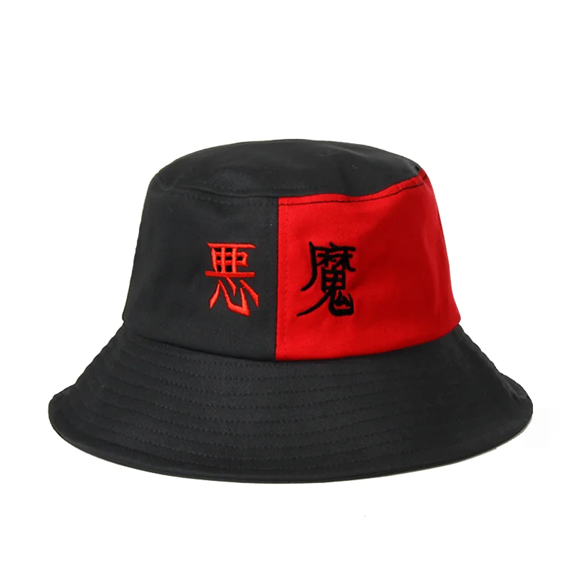 

New Unisex Demon Embroidery Bucket Hat Fisher Black White Patchwork Hip Hop Cap Summer Cotton Fisherman Hat Outdoor Sun Hats