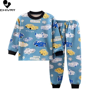 New 2021 Kids Boys Thicken Pajama Sets Cartoon O-Neck Tops with Pants Baby Girls Autumn Winter Keep Warm Sleeping Clothing Sets