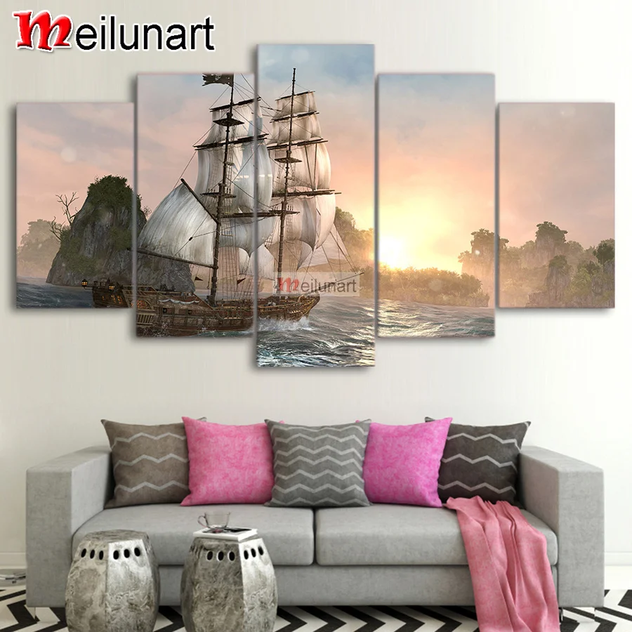 

Sailing boat sunset scenery 5 piece diy diamond painting kits full square round diamond embroidery sale wall decoration AS1100