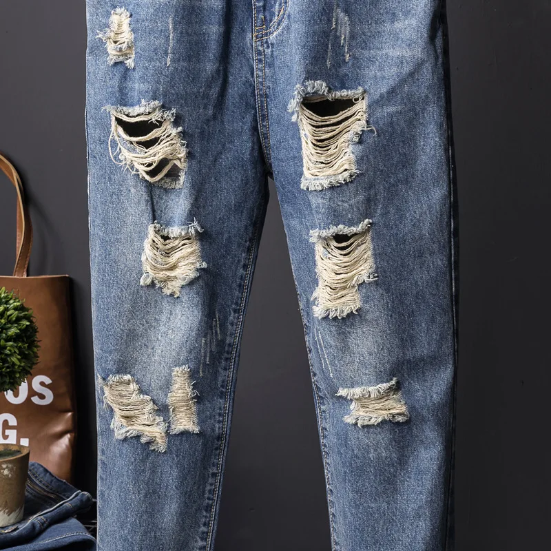 Summer Man Ripped Jeans Bib Overalls Ankle Length Straight Hip Hop Hole Denim Jumpsuits Trousers Leisure Tattered Cargo Pants