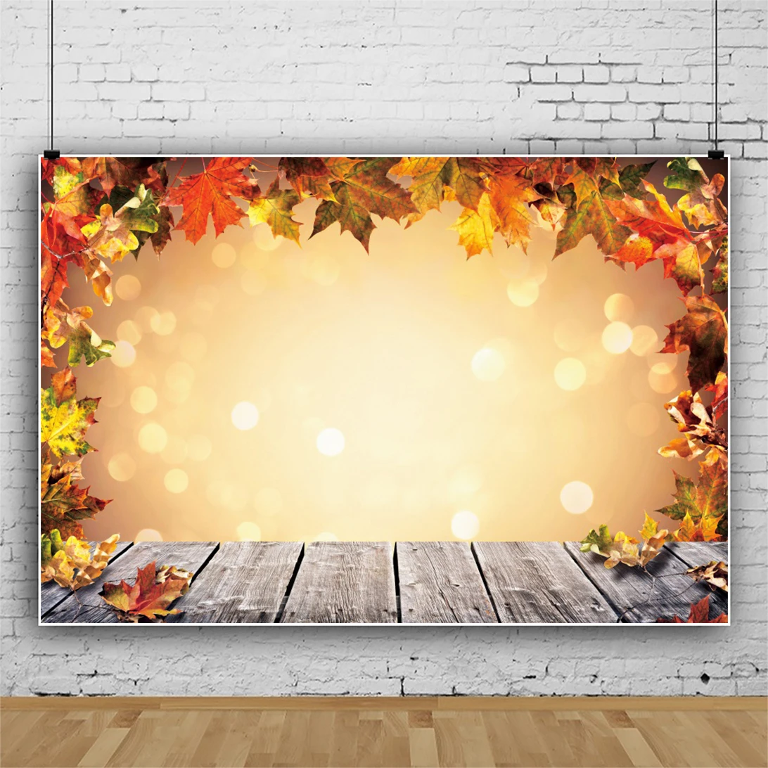 

Autumn Wooden Backgrounds For Photography Autumn Fallen Maples Leaves Polka Dots Light Bokeh Yellow Scenic Child Photo Backdrops