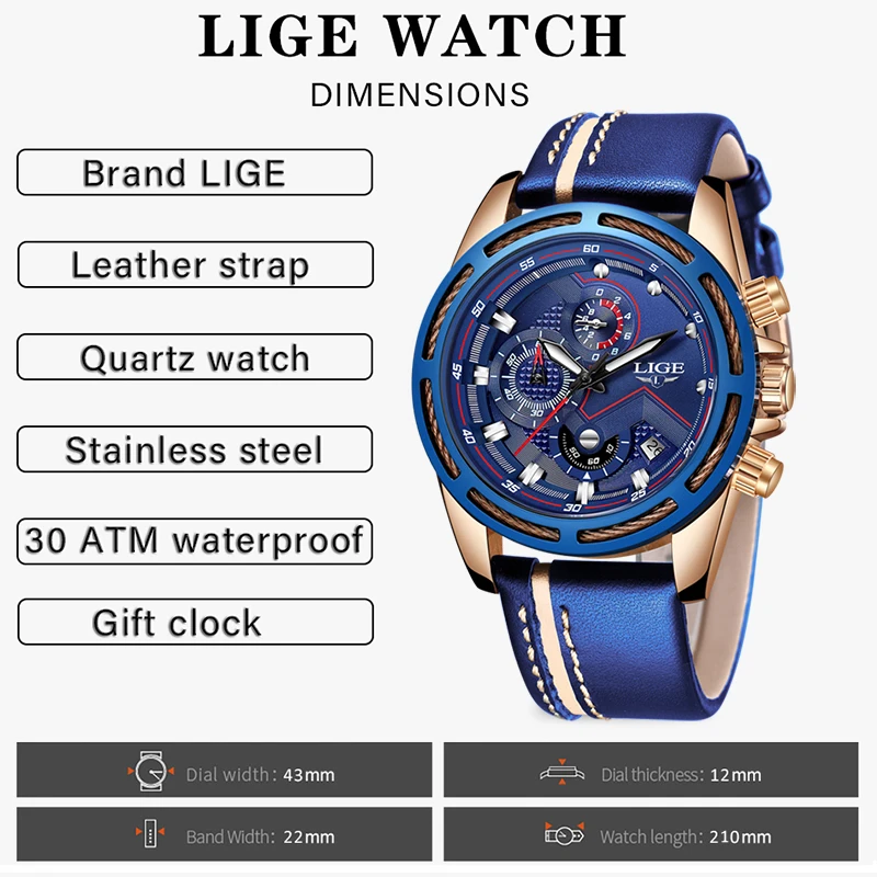 Часы наручные LIGE Мужские кварцевые модные спортивные брендовые Роскошные