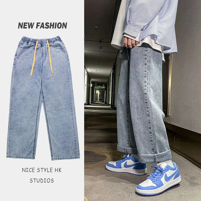 

Straight Jeans Men's Baggy Denim Trousers Elastic Waist Design Korean Neutral Streetwear Style Casual Solid Color Wide-leg Pants