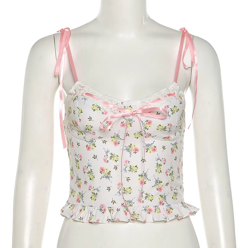 

2021 New Arrivals Summer Fashion Spaghetti Strap Slash Neck Print Floral Bodycon Sexy High Street Women Tops Camis