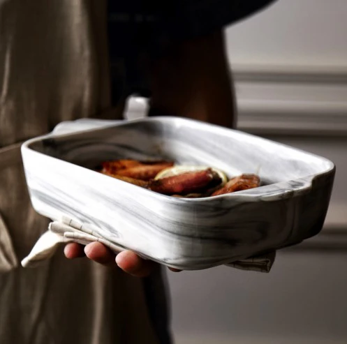 

Marble Baking Pan Heat-Resistant Ceramics for Domestic Rectangular European Baking Oven restaurant supplies bone china