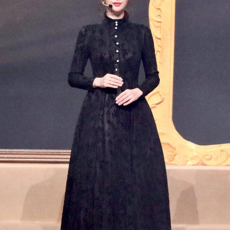 

2020 Autumn New Style Sexy Lace Beading Single Breasted Long Sleeve Elegant Temperament Party Long Dress Women'S Clothing