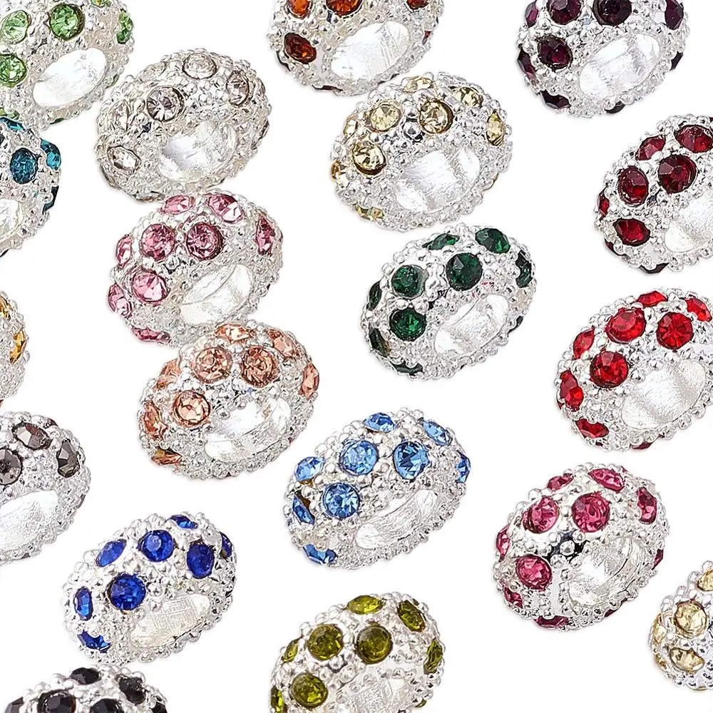 

100Pcs Mixed Color Alloy Rhinestone European Beads Large Hole Rondelle Beads Charms For DIY Bracelets Jewelry Making 11x6mm