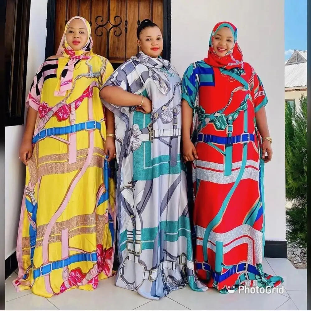 

Fashion Lady Floral Printed Silk Bohemian Maxi Dress Oversize Dashiki African Muslim Women Abaya Robe Kaftan