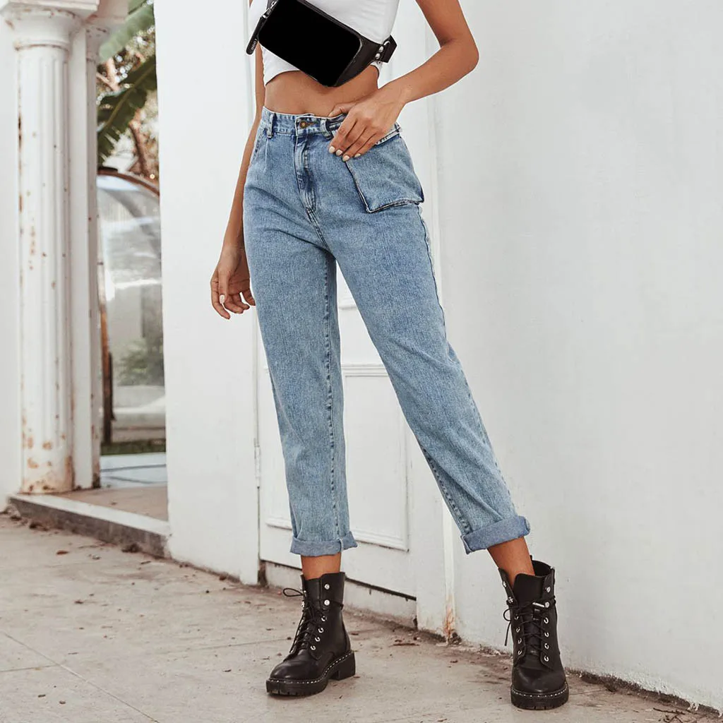 Женские джинсы 2020 с высокой талией женские прямые карманами свободные брюки
