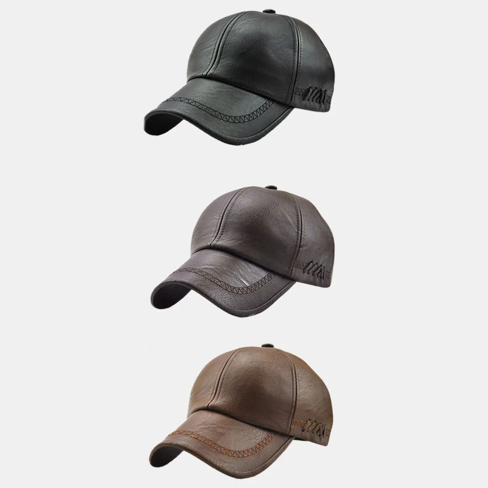 

Adjustable Spring Winter PU Leather Baseball Caps for Men Solid PU Leather Male Cap Outdoor Snapback Hat Black Brown Woven Decor
