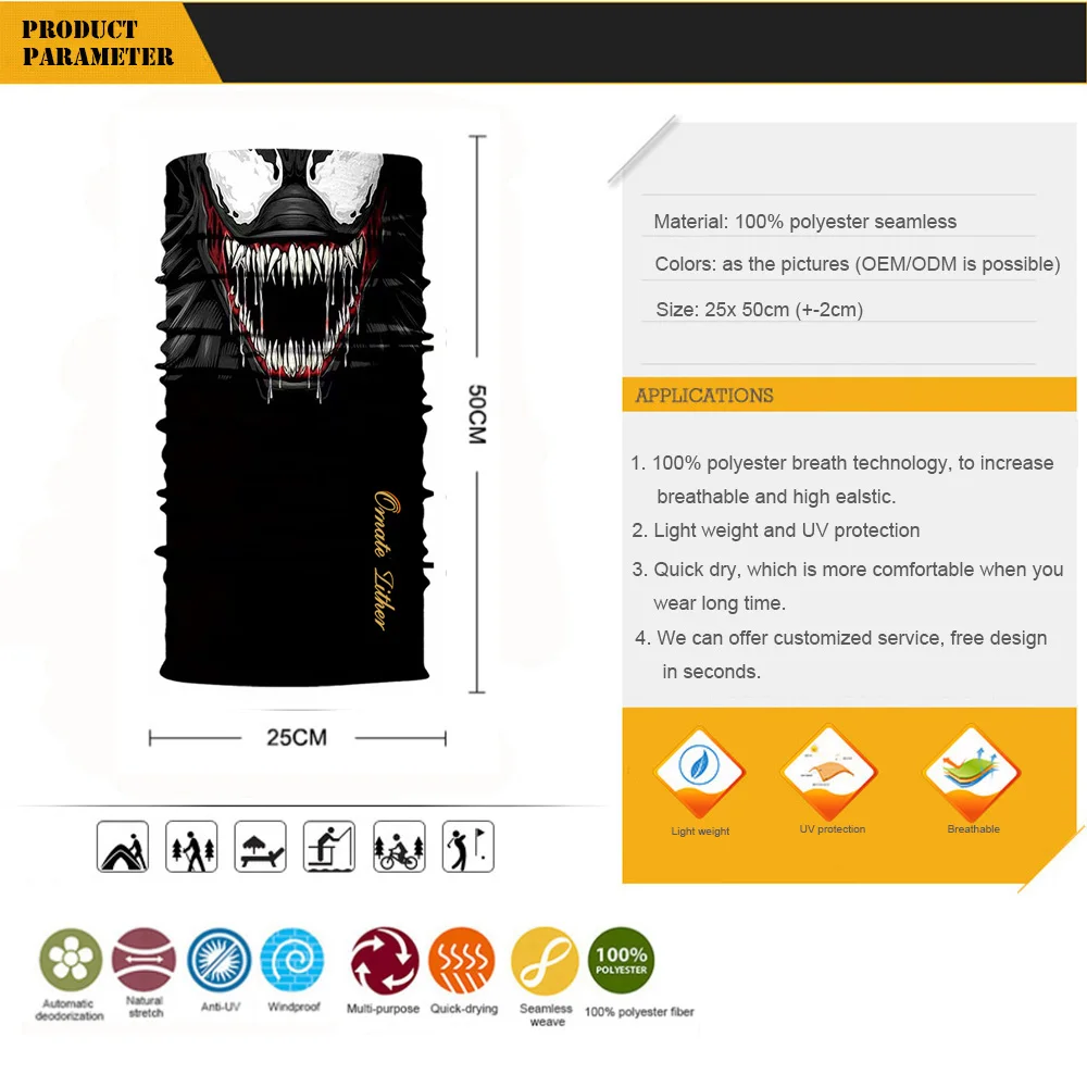 

Eddie Brock Mascarillas Bandana Scarf Venom Face Shield Bufanda Breathable Punisher Balaclava Braga Cuello Bicycle Headwear Men