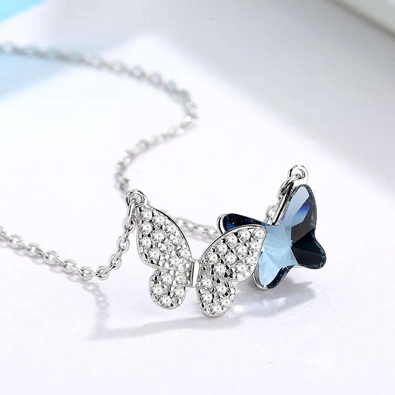 Blue Stone Butterfly Necklace CZ Pendant Choker Chain Unique Charms Best Friends Gift Minimalist Jewelry | Украшения и аксессуары