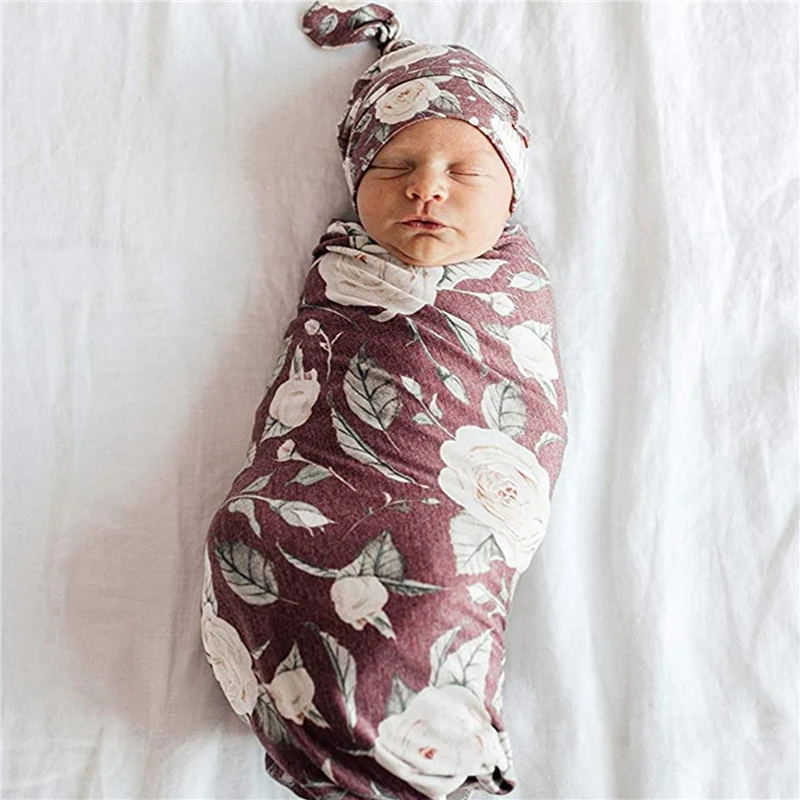 

Hot Sale Newborn Baby's Receiving Blanket Headband Set Floral Printed Baby Swaddle Blankets and Big Bow Hairband Wholesale