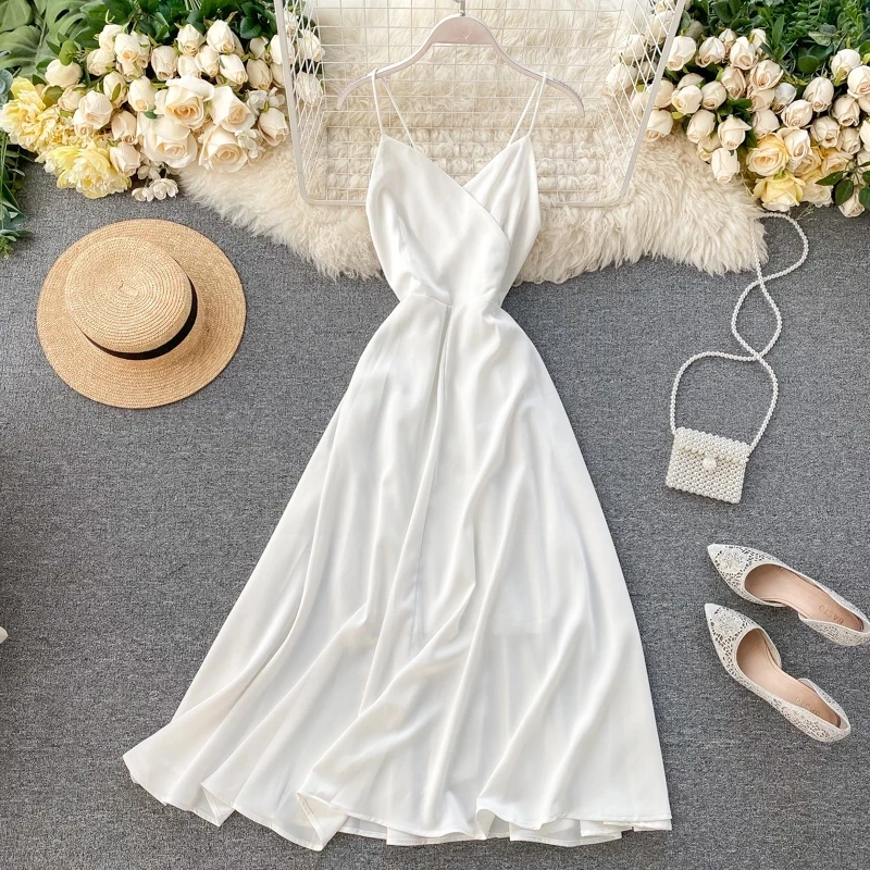

Summer Womens Long Sexy Dress Korean Style V-Neck Suspender Backless Elegant Solid Color Female Vintage White Mid-Length Dresses
