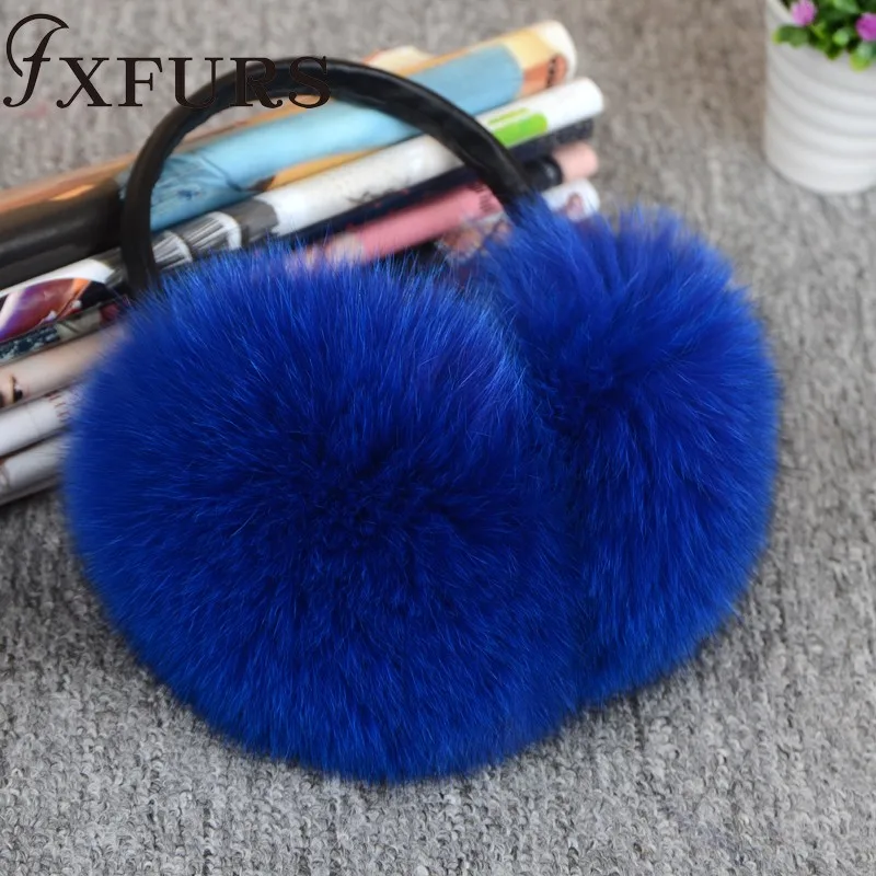 FXFURS новые модные милые объемные наушники из лисьего меха теплые меховые наушники из натурального меха с кожаной полкой для женщин защита для ушей зима - Цвет: royal blue