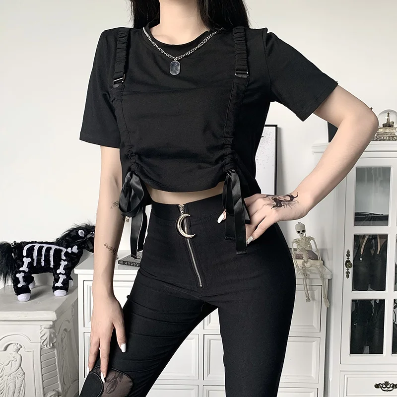 

Футболка женская составного кроя, готический бандажный Топ в стиле Харадзюку, модный Свободный кроп-топ с коротким рукавом, в стиле панк, че...